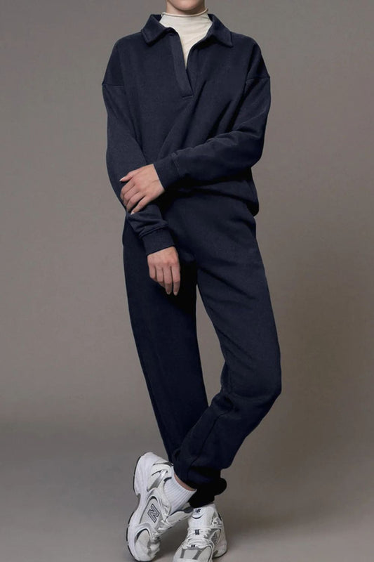 Collar Long Sleeve Top and Joggers Set